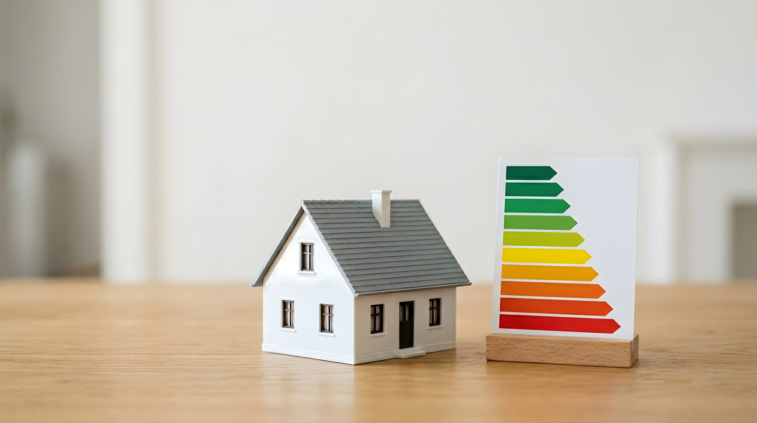 House model with an energy rating label on a table, representing property energy certificate, utility savings, and real estate decisions